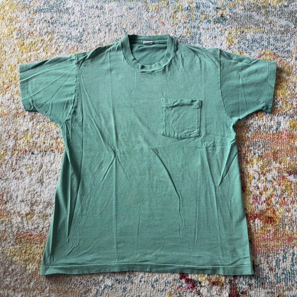Vintage Faded 90s Teal Green Blank Pocket Tee Shirt - Size L